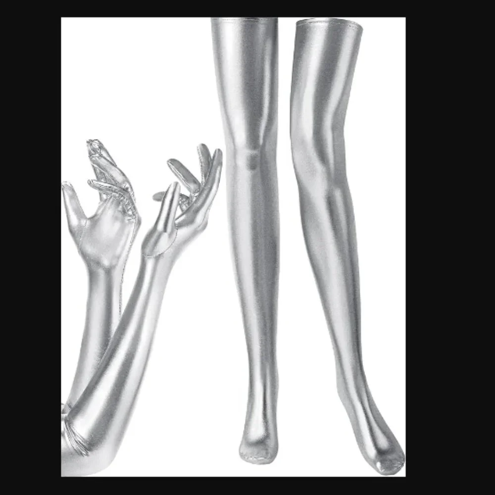 Elastic Spandex Shiny Wet Long Gloves and Thigh High Stockings